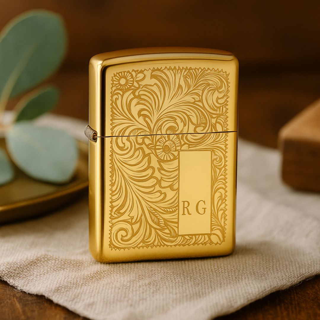 Engraved Gold Lighter – Personalized Brass Floral Scroll Lighter