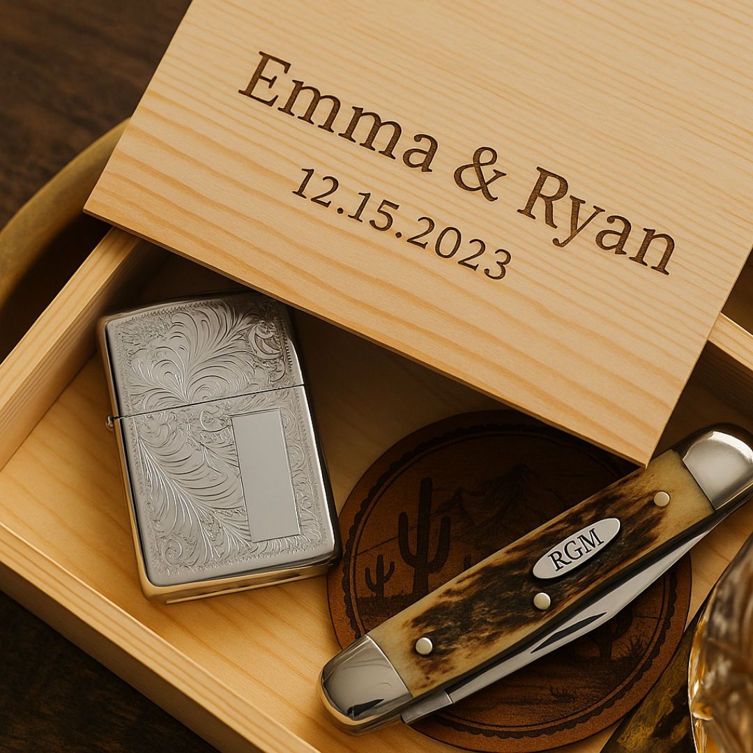 Engraved Gold or Chrome Lighter with Personalized Wooden Gift Box
