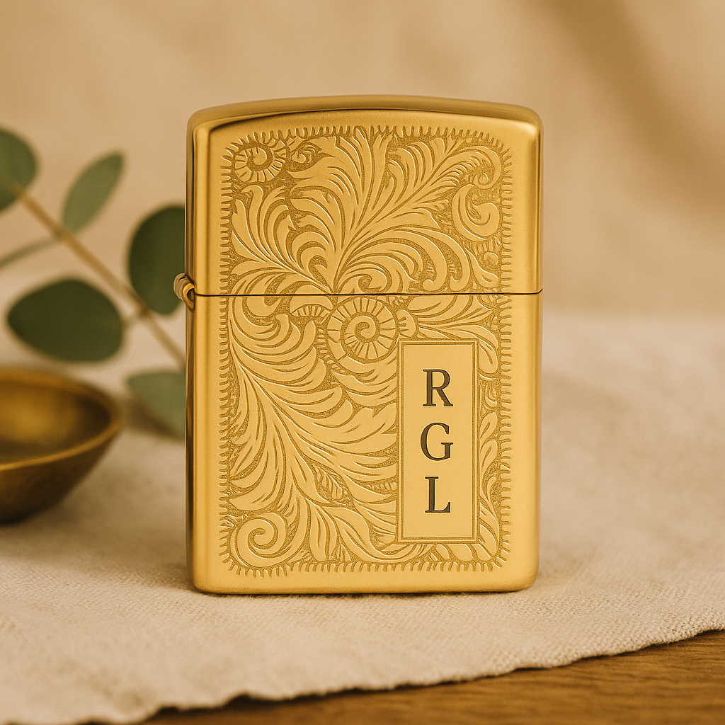 Engraved Gold Lighter – Personalized Brass Floral Scroll Lighter