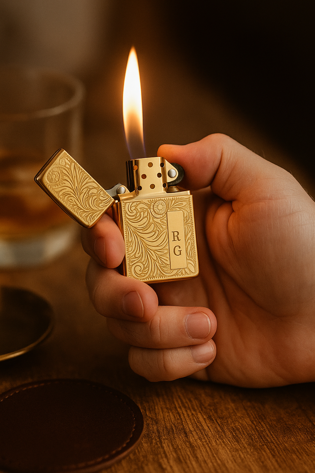 Engraved Gold Lighter – Personalized Brass Floral Scroll Lighter