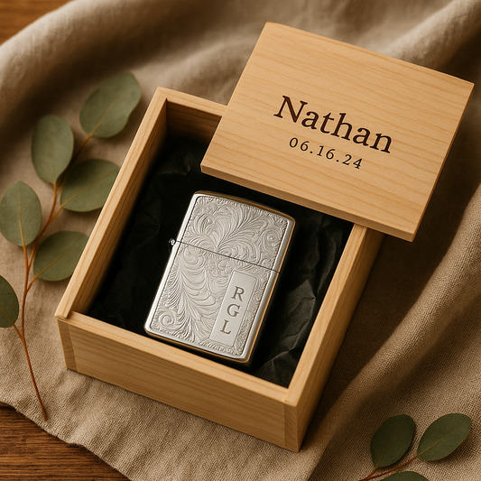 Engraved Gold or Chrome Lighter with Personalized Wooden Gift Box