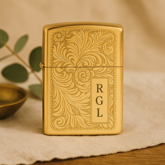 Engraved Gold Lighter – Personalized Brass Floral Scroll Lighter
